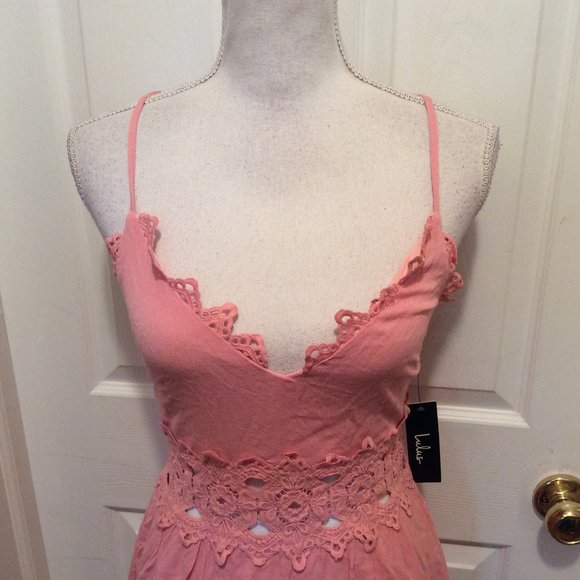 Lulu's Dress 0 Pink Spaghetti Strap Lace Inset New - Picture 2 of 13